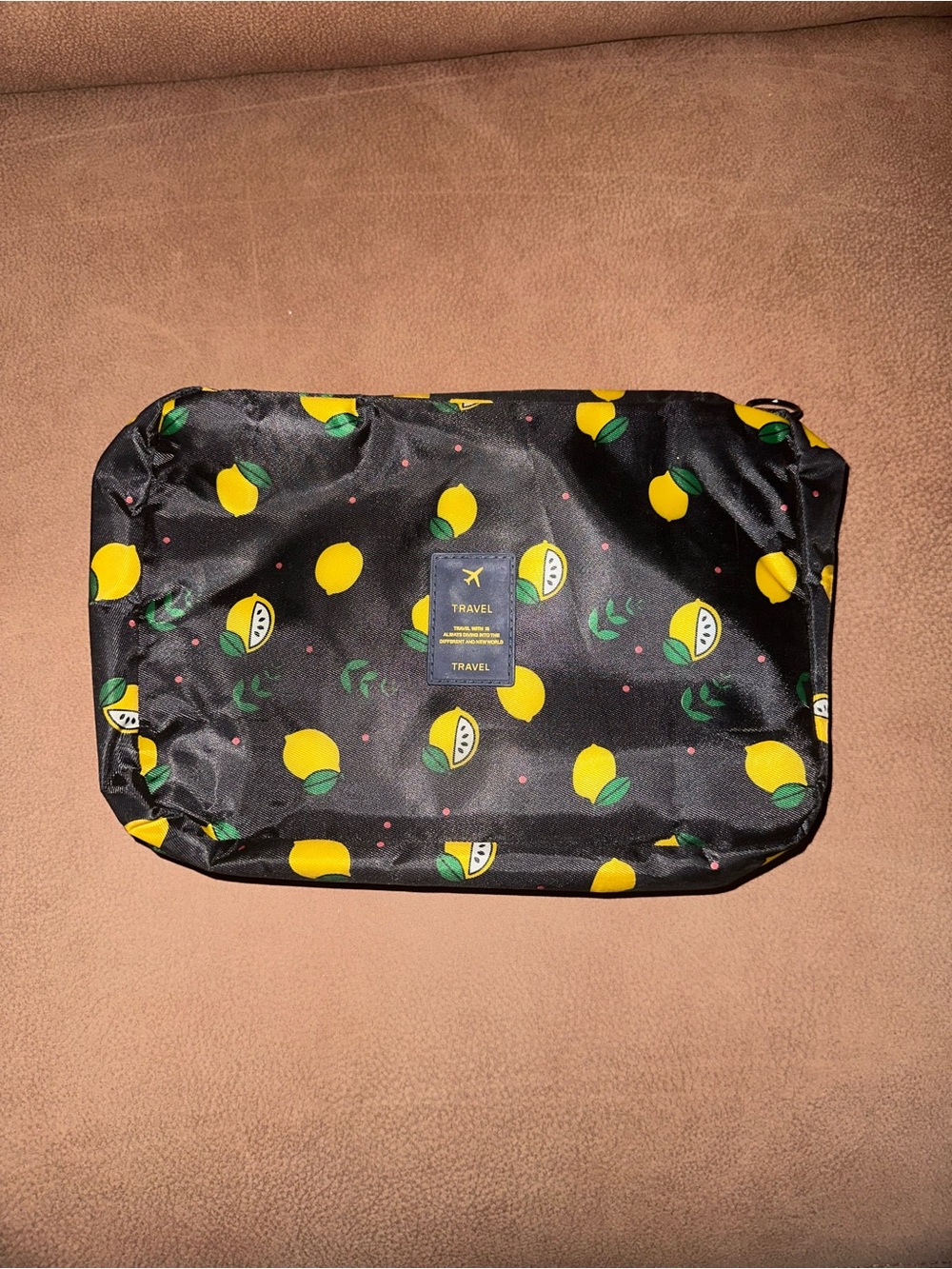 Travel Cosmetic Pouch - Black with Yellow Lemon Print